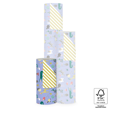 P15.340.030 Inpakpapier - Party Animals Blue - Stripe Yellow