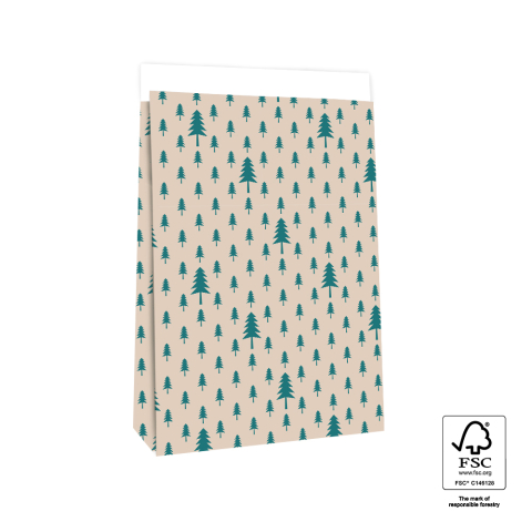 P39.706.027 X-mas Blokbodemzakken - Trees Beige/Jade Green - 27 x 15 x 34 cm