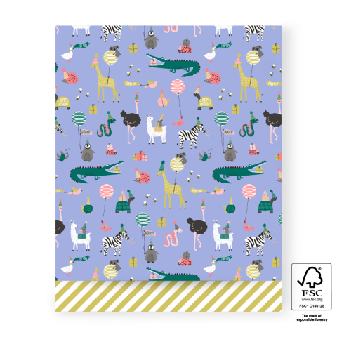 P43.340.027 Cadeauzakjes - Party Animals Blue - Stripe Yellow - 27 x 34 cm