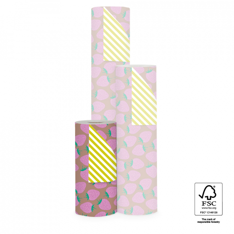 P15.147.030 Inpakpapier - Strawberry Pink/Taupe - Stripe Yellow