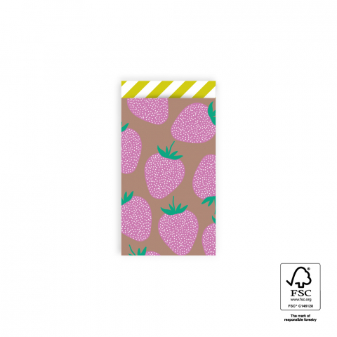 P43.147.007 Cadeauzakjes - Strawberry Pink/Taupe - Stripe Yellow - 7 x 13 cm