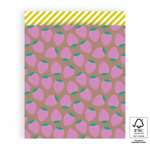 P43.147.027 Cadeauzakjes - Strawberry Pink/Taupe - Stripe Yellow - 27 x 34 cm
